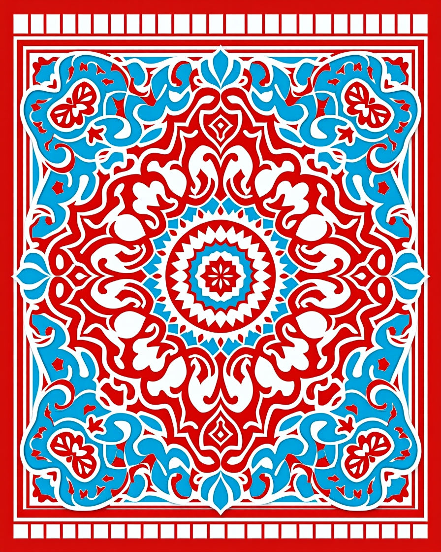 Red Blue White Intricate Mandala Design Rug