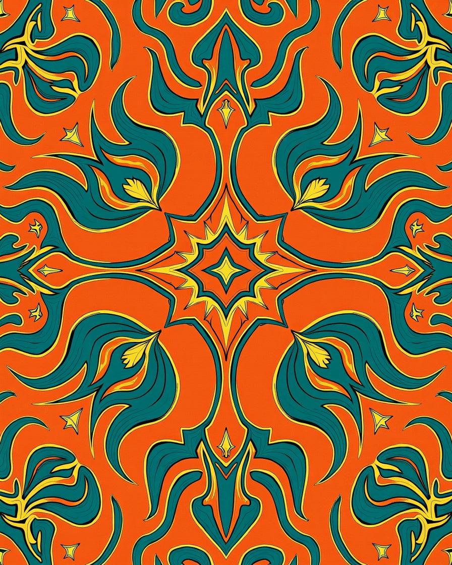 Vibrant Teal Golden Leaf Pattern Rug
