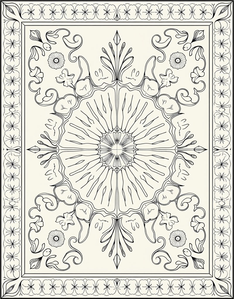 Floral Mandala Outline Line Art Rug