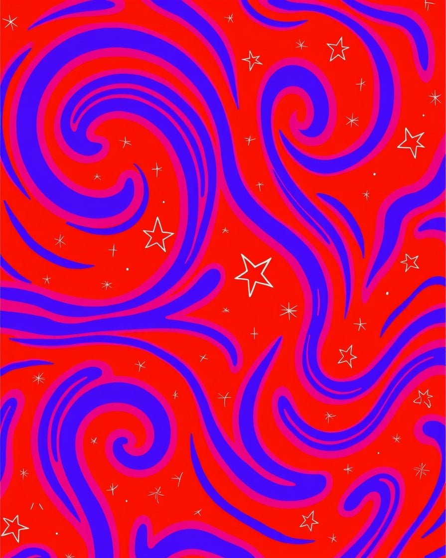 Red Blue Swirls With Stars Pattern Rug