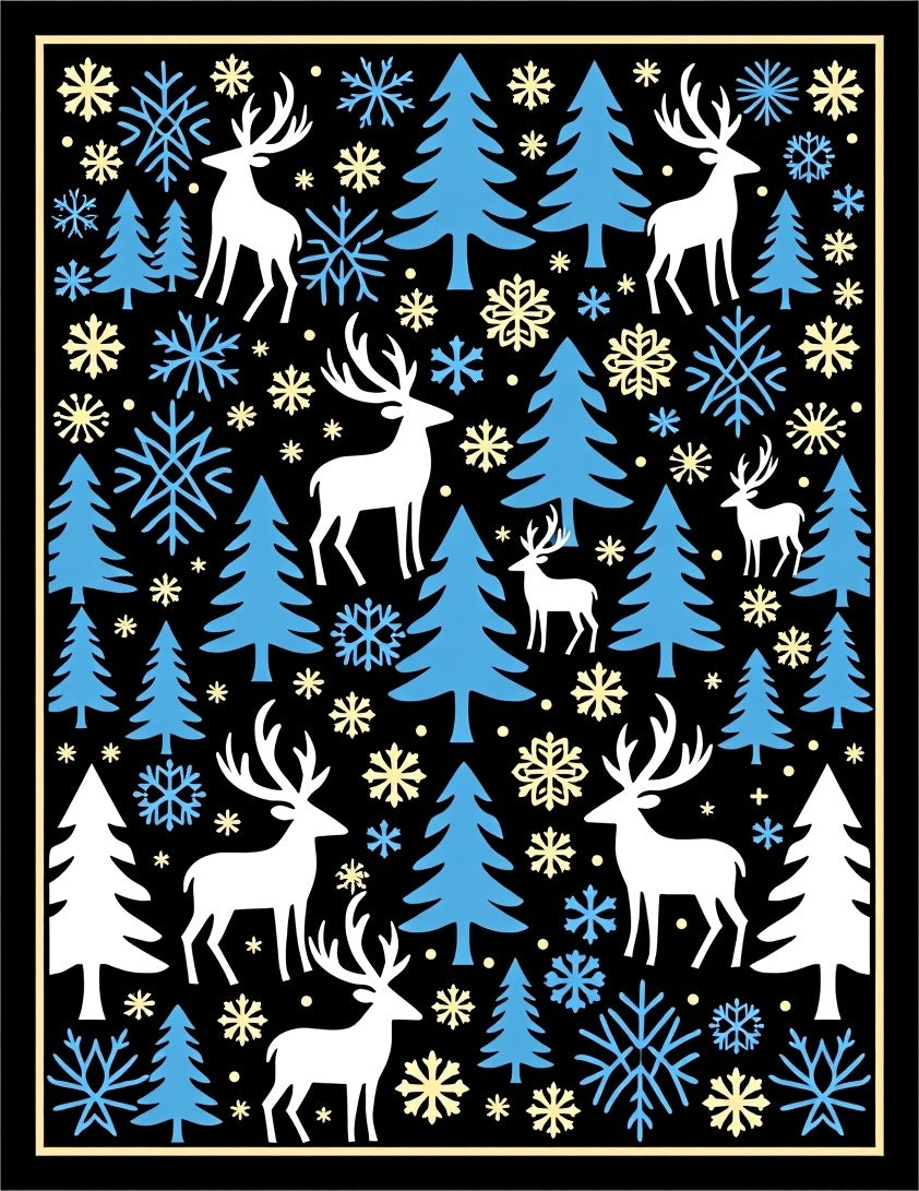 Winter Woodland Deer Snowflake Trees Rug