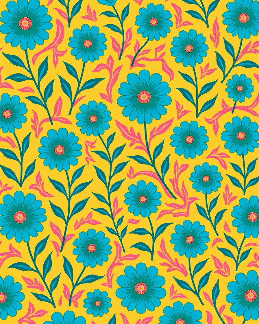 Bright Blue Floral Patterned Rug
