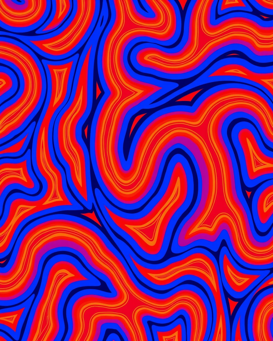 Bold Red Blue Swirling Pattern Rug
