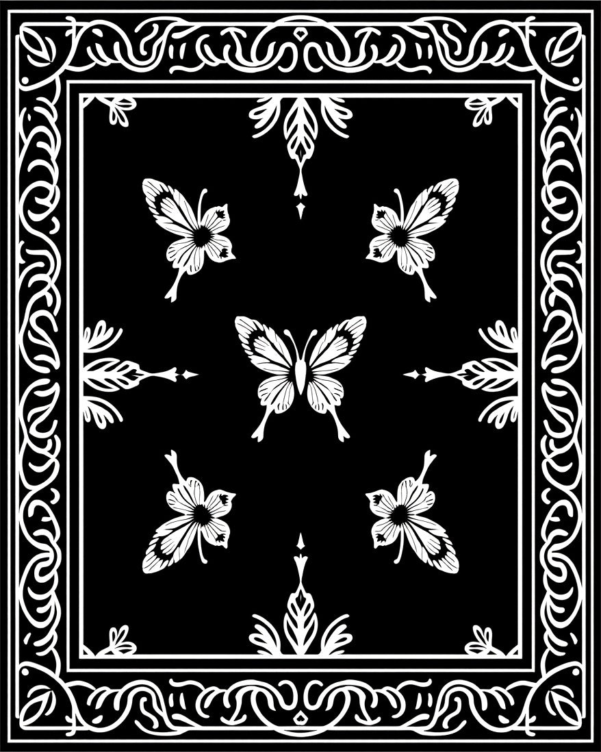 Elegant Black White Butterfly Pattern Rug