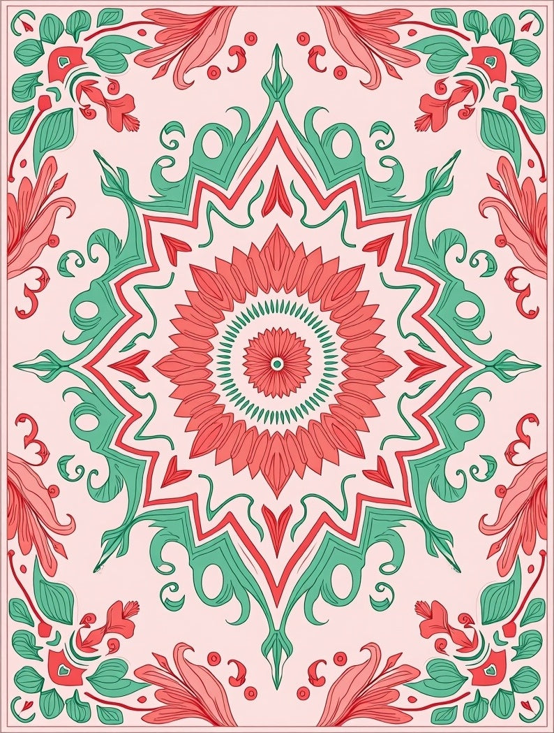 Coral and Mint Floral Mandala Design Rug