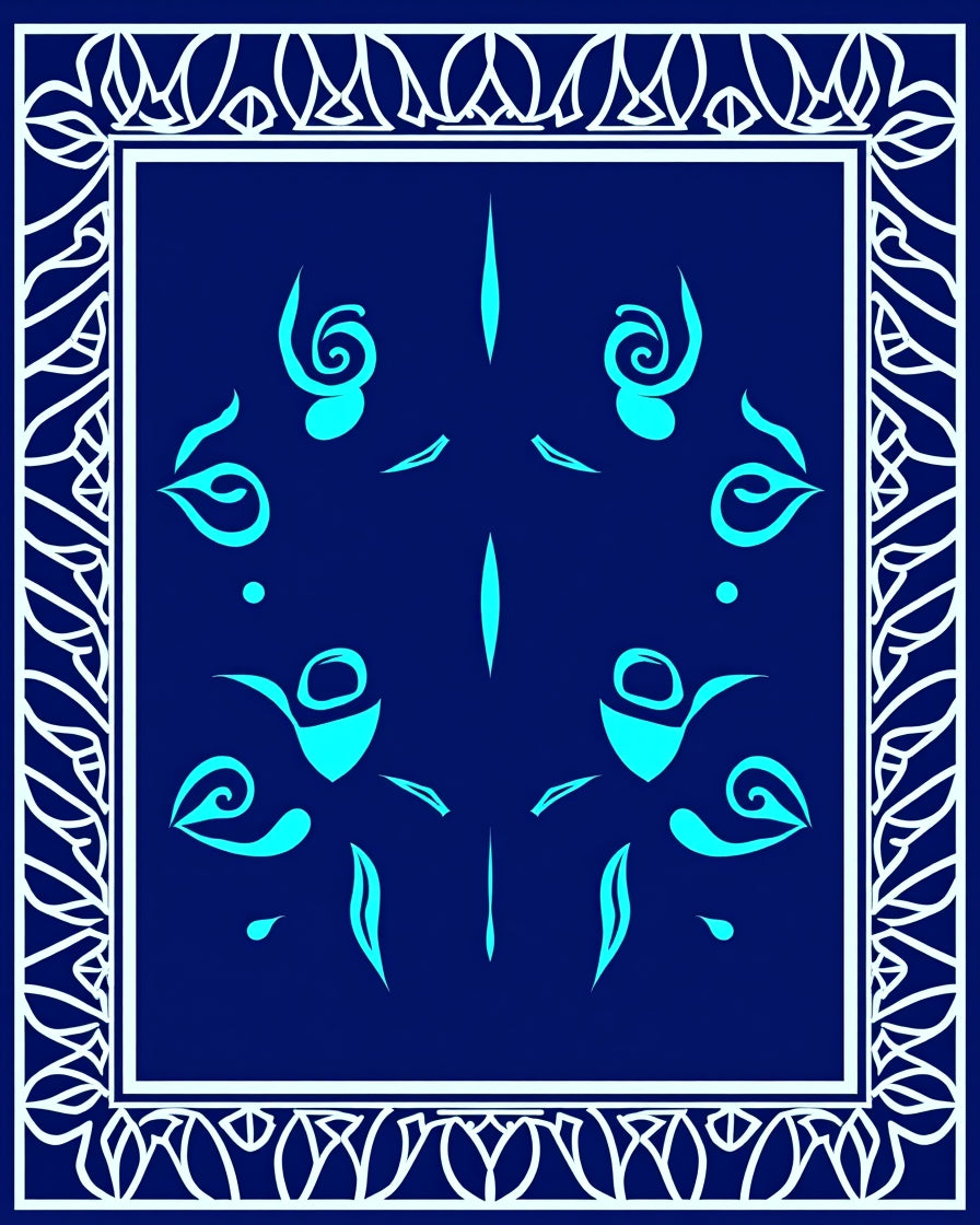 Deep Blue Teal Abstract Floral Frame Rug