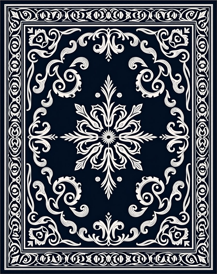 Dark Blue White Ornate Scroll Rug