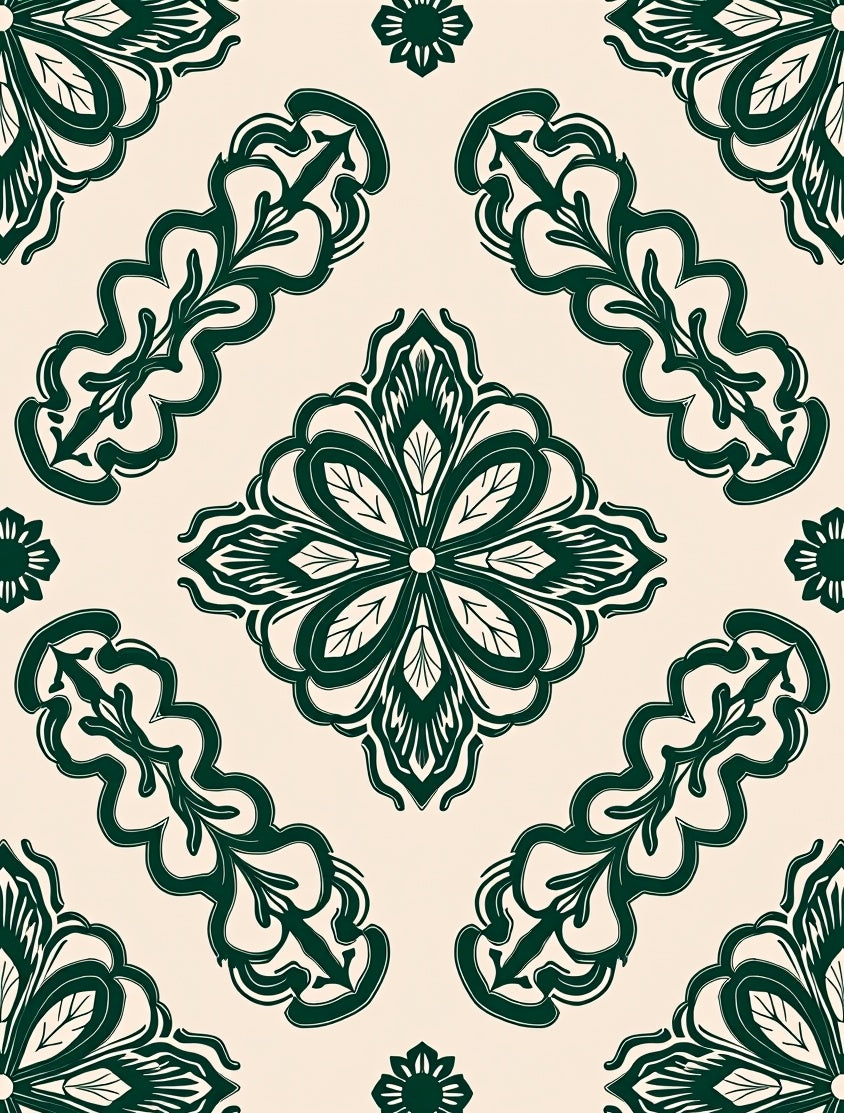 Dark Green Floral Arabesque Pattern Rug