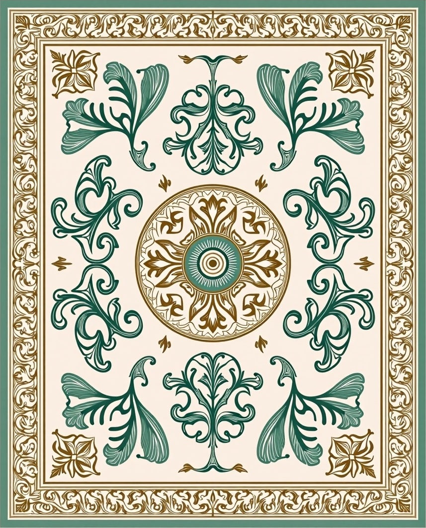 Elegant Green Brown Floral Medallion Rug