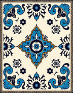 Ornate Blue Gold Floral Scrollwork Pattern Rug