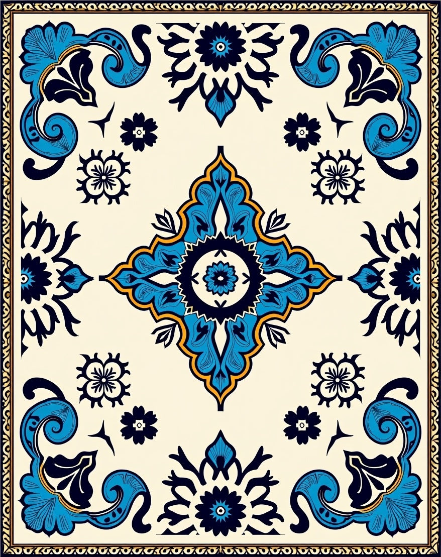 Ornate Blue Gold Floral Scrollwork Pattern Rug