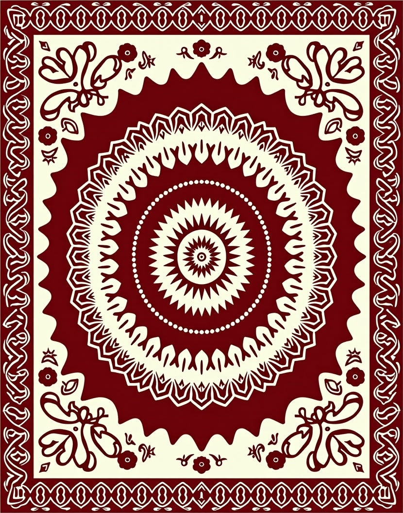Intricate Burgundy Mandala Floral Design Rug