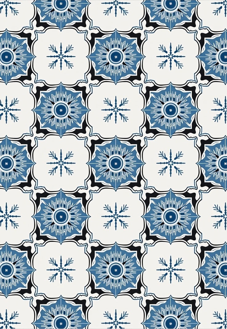 Blue Floral Medallion Tile Pattern Rug