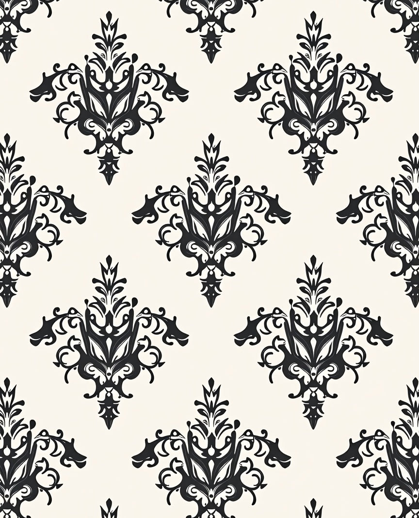 Classic Black Damask Scroll Pattern Rug
