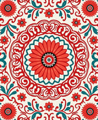 Red Teal Floral Medallion Pattern Rug