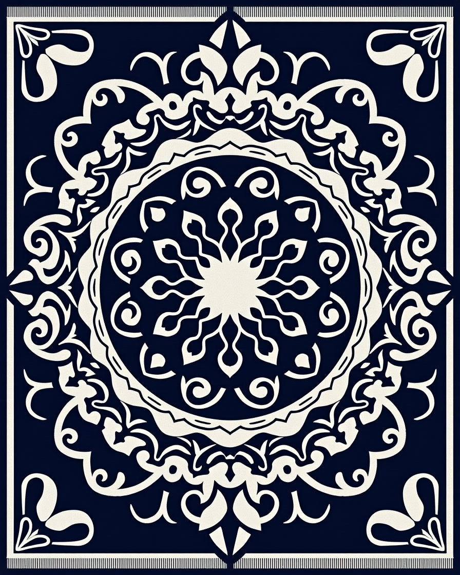 Intricate Mandala White Cream Navy Design Rug