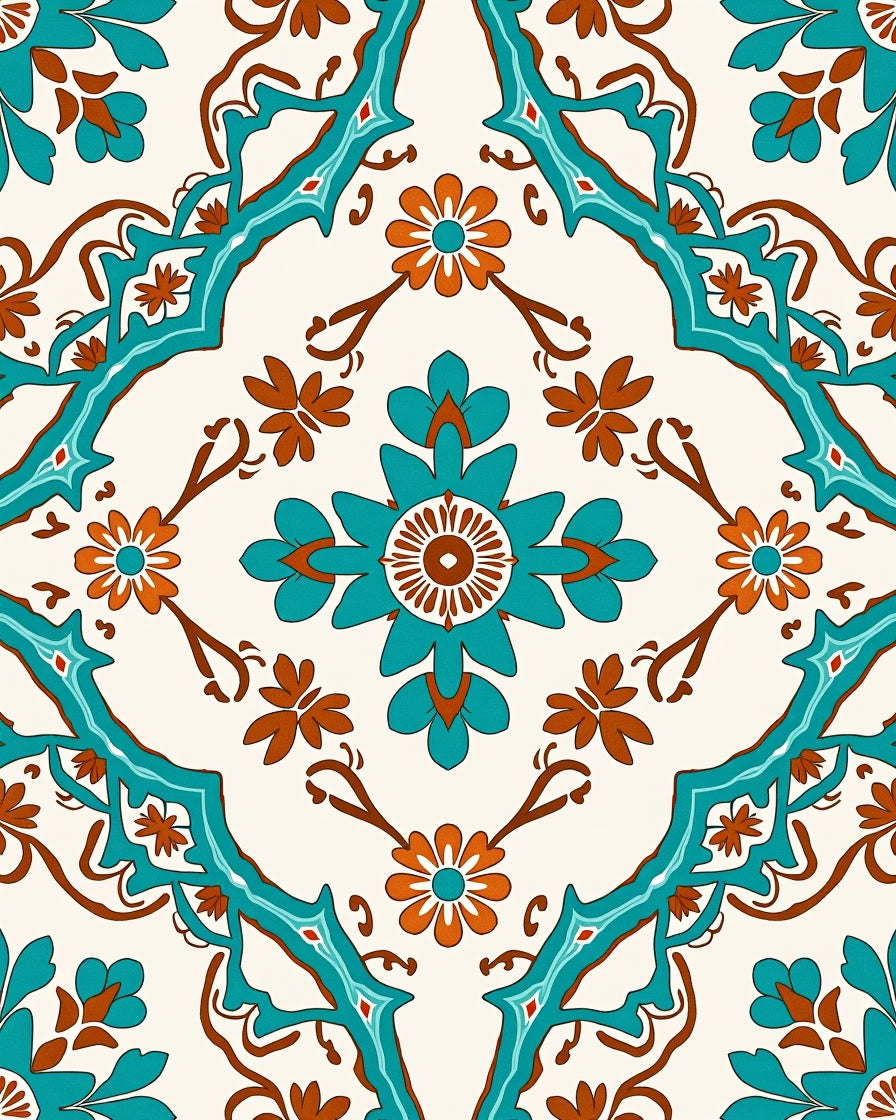 Turquoise And Orange Floral Symmetry Rug