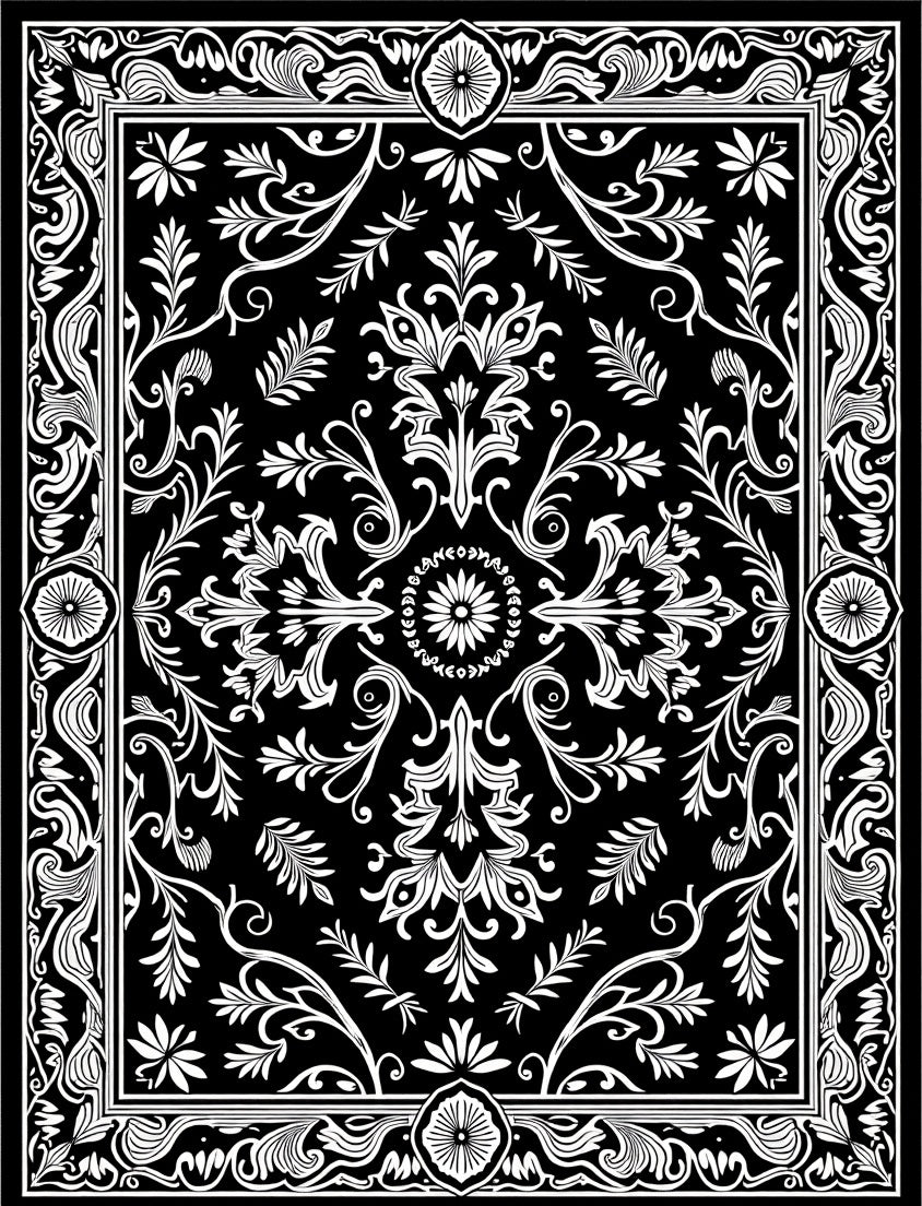 Classic Black White Floral Damask Rug
