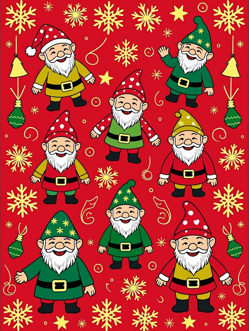 Whimsical Christmas Gnomes Snowflakes Red Rug