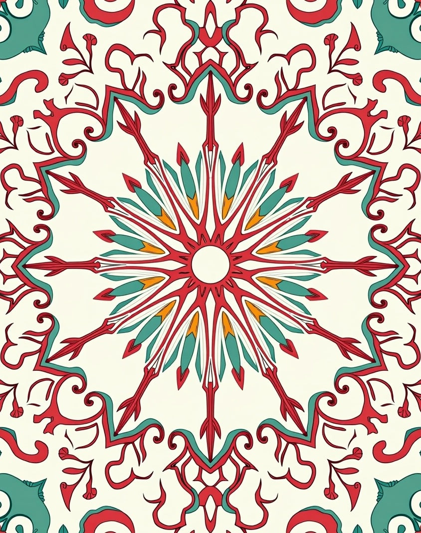 Red Teal Sunburst Mandala Design Rug