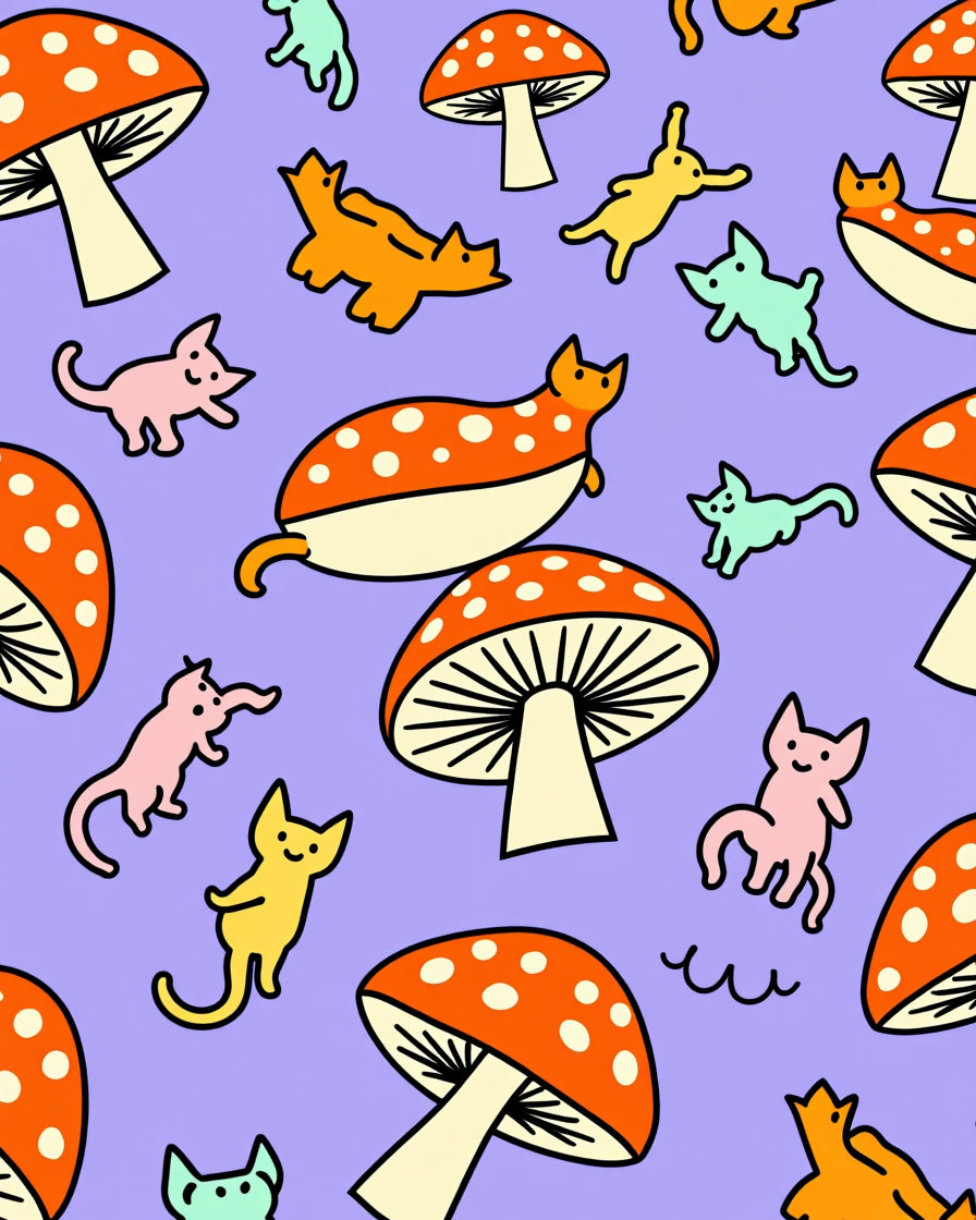 Whimsical Orange Mushroom Cat Pattern Rug