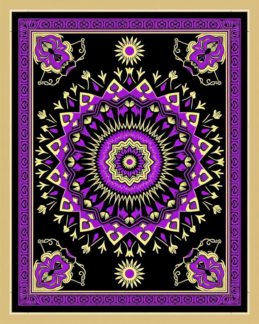 Vibrant Purple Yellow Mandala Pattern Rug