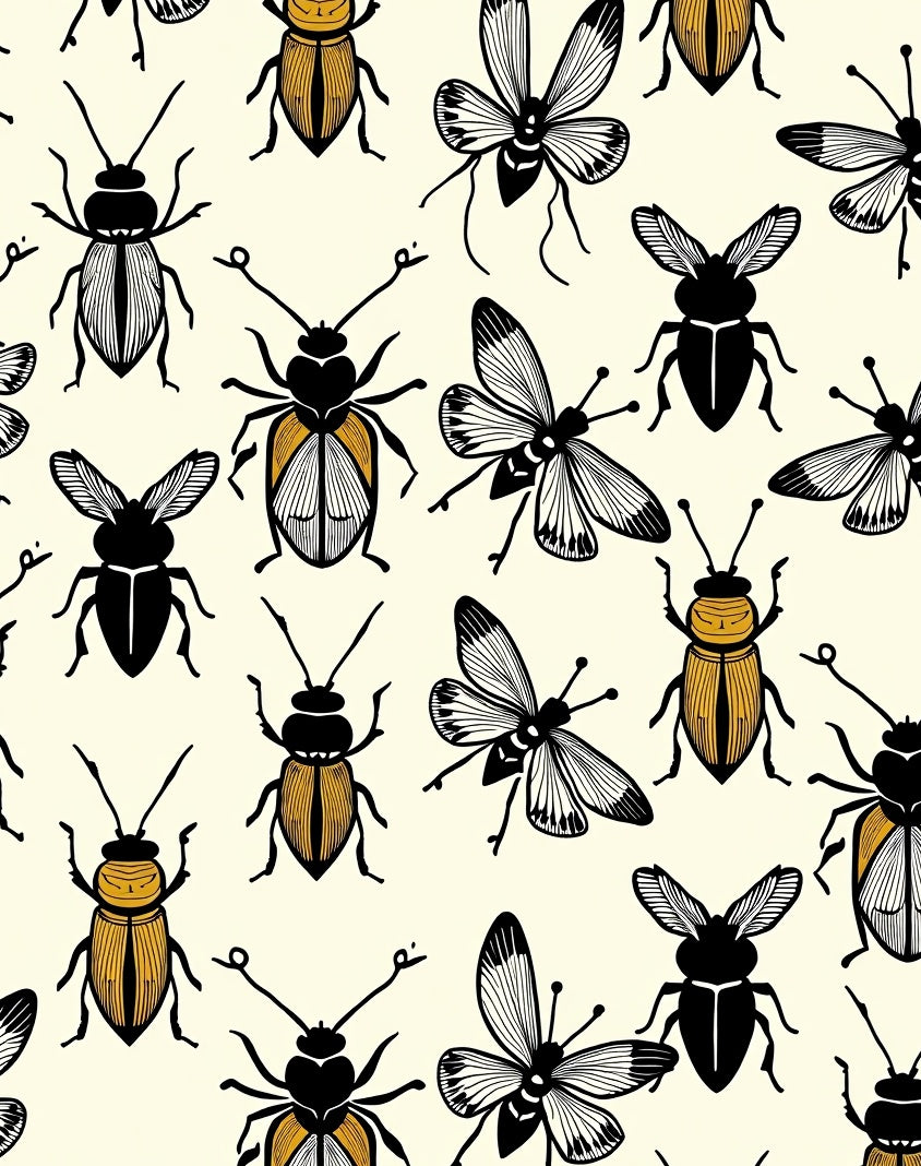 Illustrated Insect Pattern In Black and Gold Rug