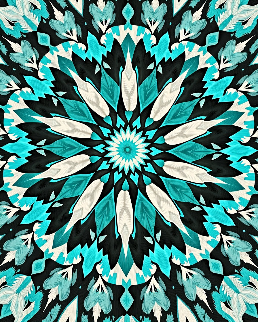 Cyan Feathered Mandala Pattern Rug