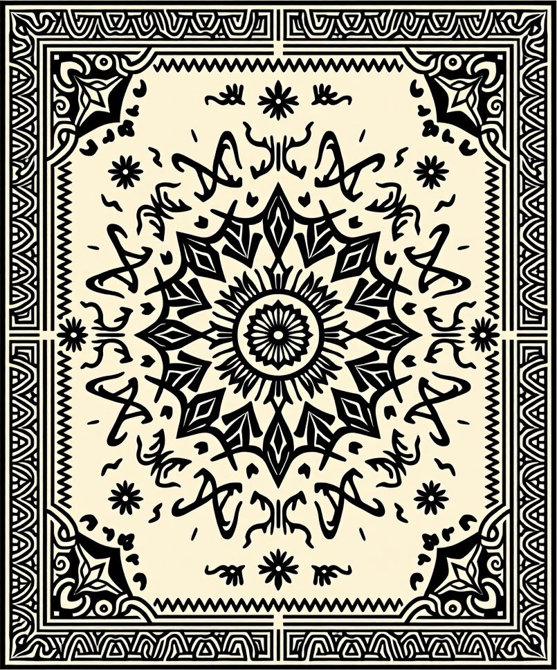 Intricate Black Mandala Damask Pattern Rug