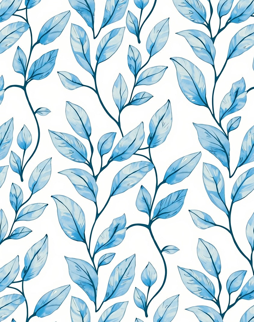Cool Blue Leafy Botanical Pattern Rug
