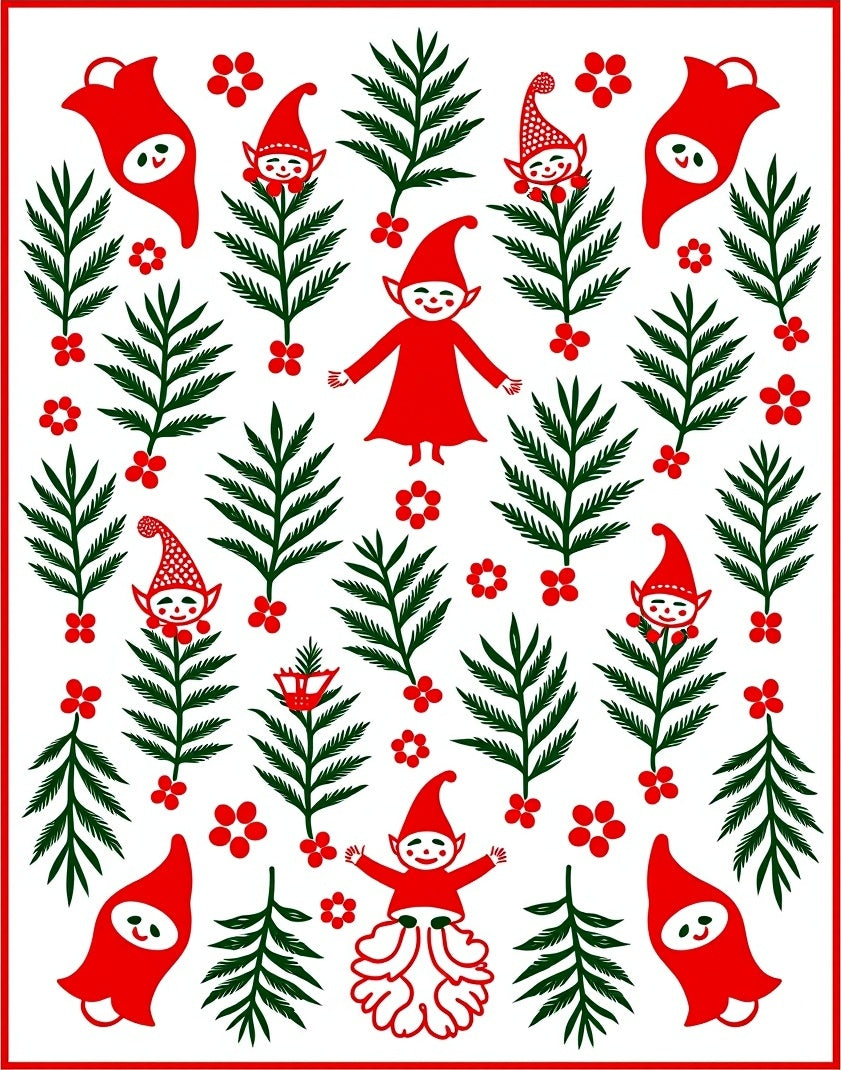 Red Green Elves Folklore Ferns Rug