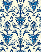Classic Damask Blue Floral Pattern Rug