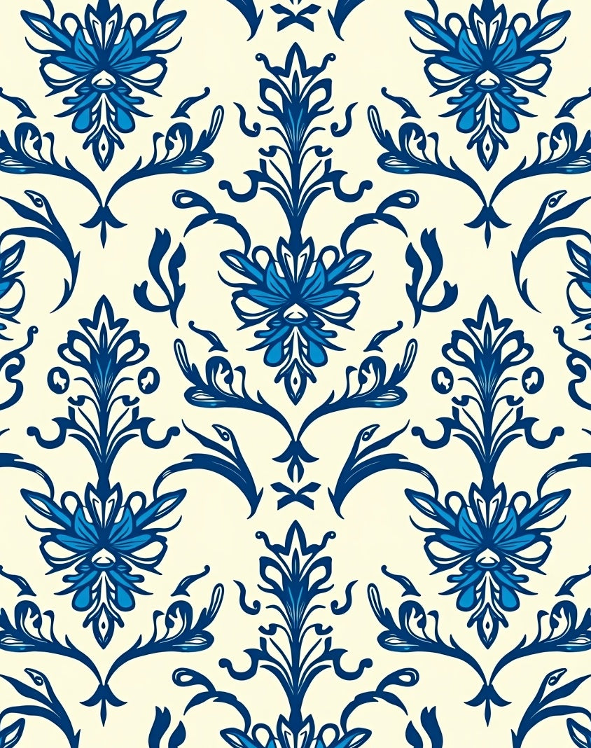 Classic Damask Blue Floral Pattern Rug
