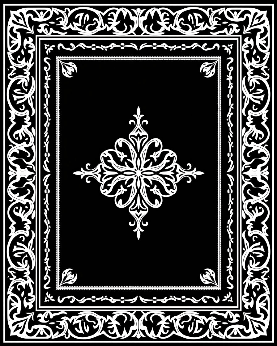 Black White Ornate Floral Scrollwork Rug