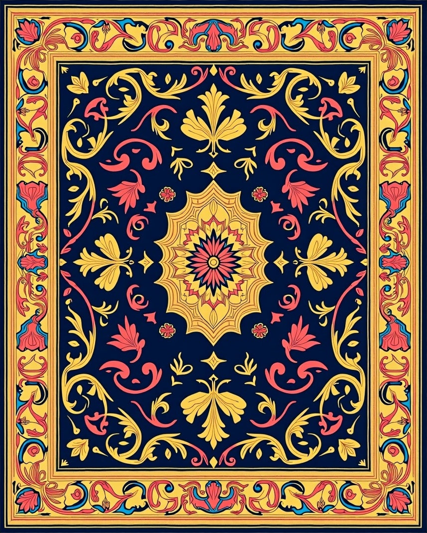 Ornate Floral Medallion Dark Blue Rug
