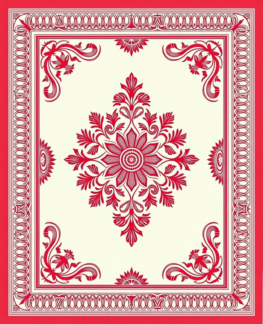 Vibrant Red Floral Mandala Pattern Rug