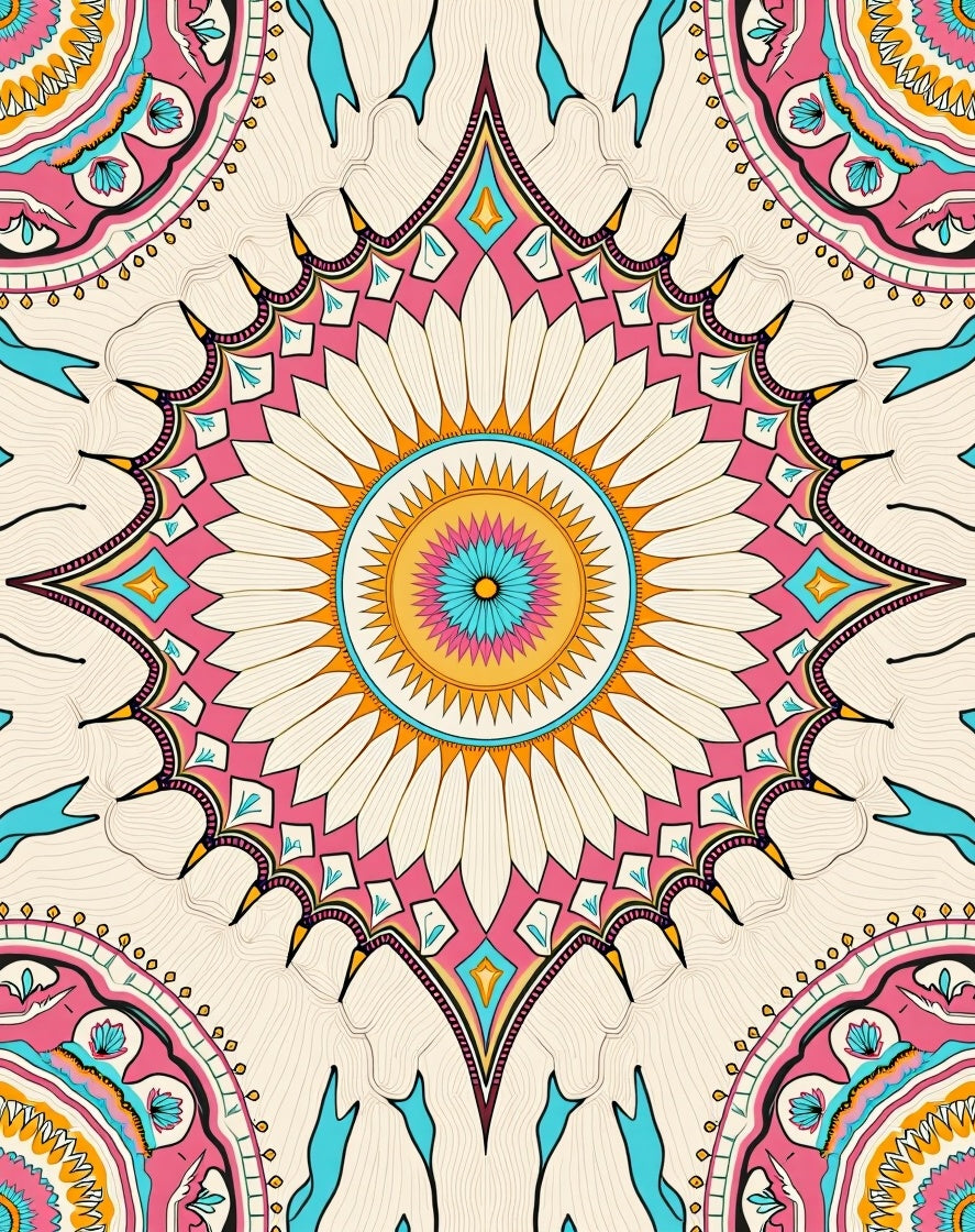 Vivid Teal Pink Sunburst Medallion Rug
