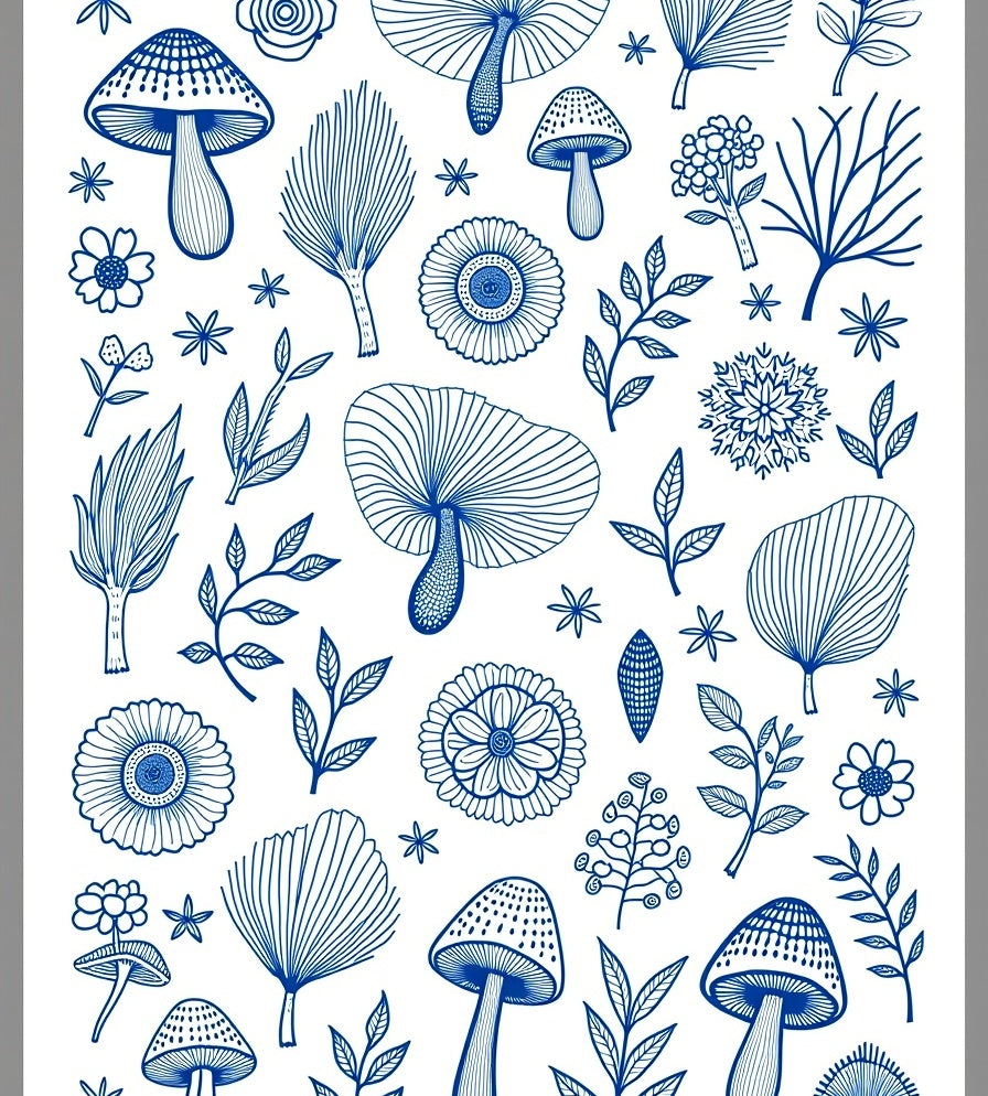 Mushroom and Floral Line Art Design Rug