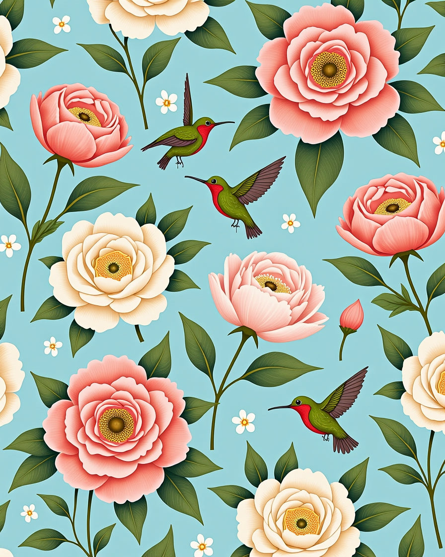 Floral Hummingbird Patterned Aqua Rug