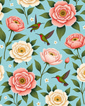 Floral Hummingbird Patterned Aqua Rug