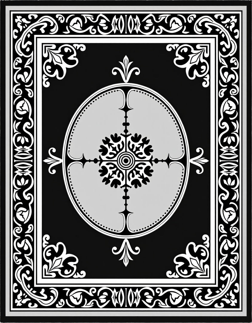 Elegant Black White Floral Medallion Rug