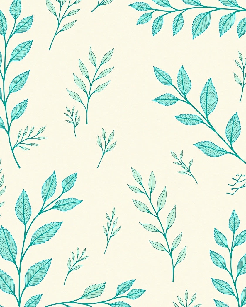 Teal Leaf Pattern on Cream Background Rug