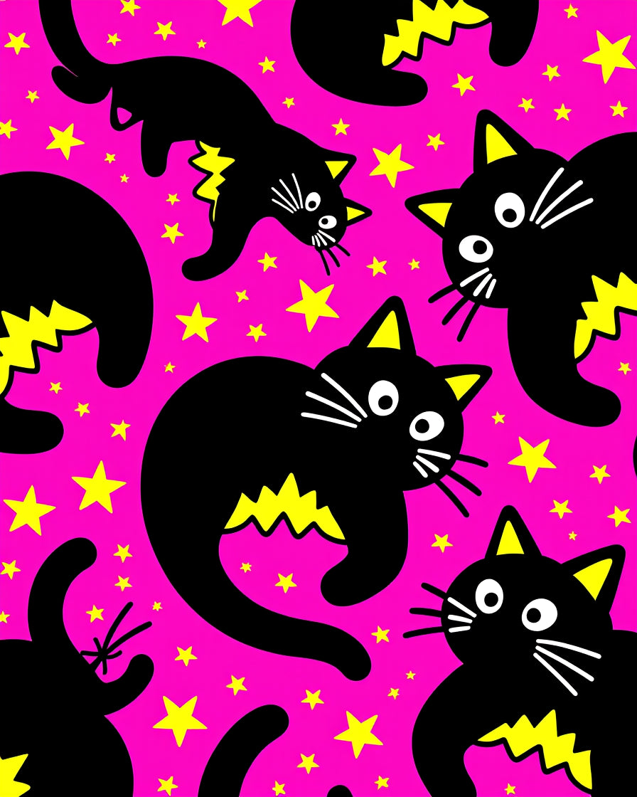 Playful Black Cats Stars Pattern Rug