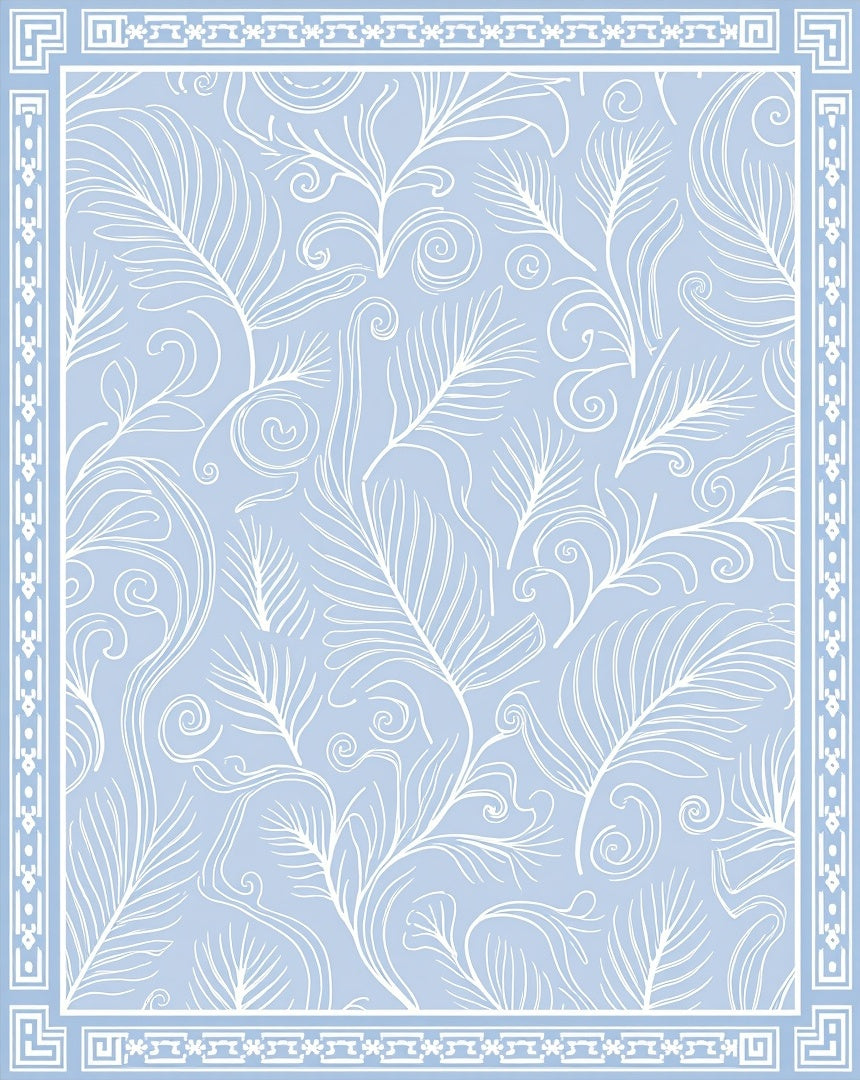 Light Blue White Feather Swirl Pattern Rug