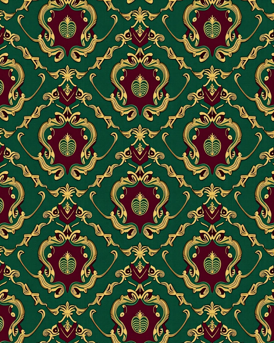Ornate Emerald Gold Damask Pattern Rug
