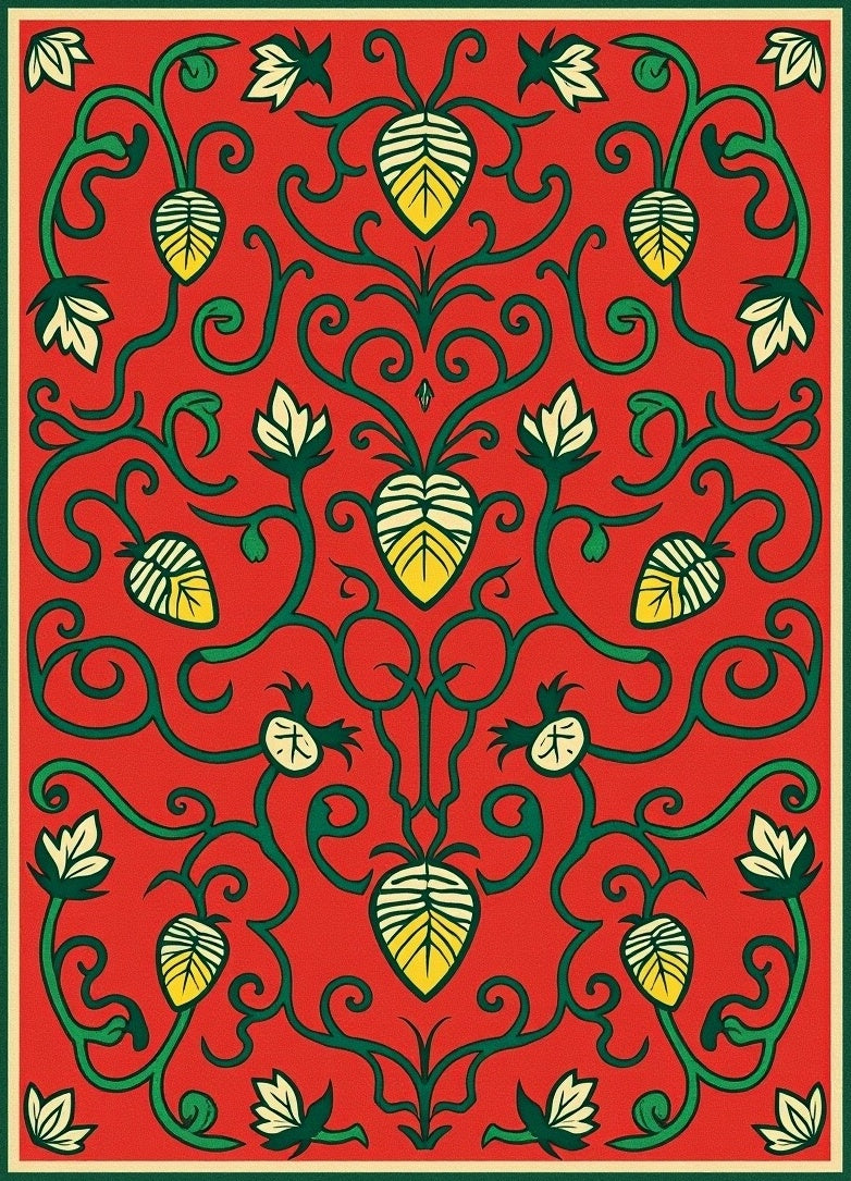 Crimson Red Green Floral Scrolls Rug