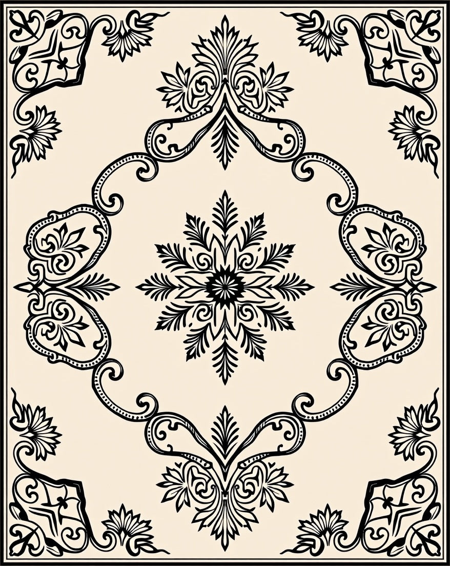 Classic Black and Cream Floral Medallion Rug