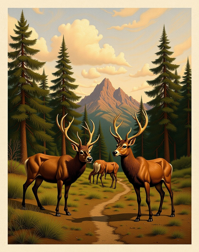 Majestic Deer Forest Mountain Scene Rug