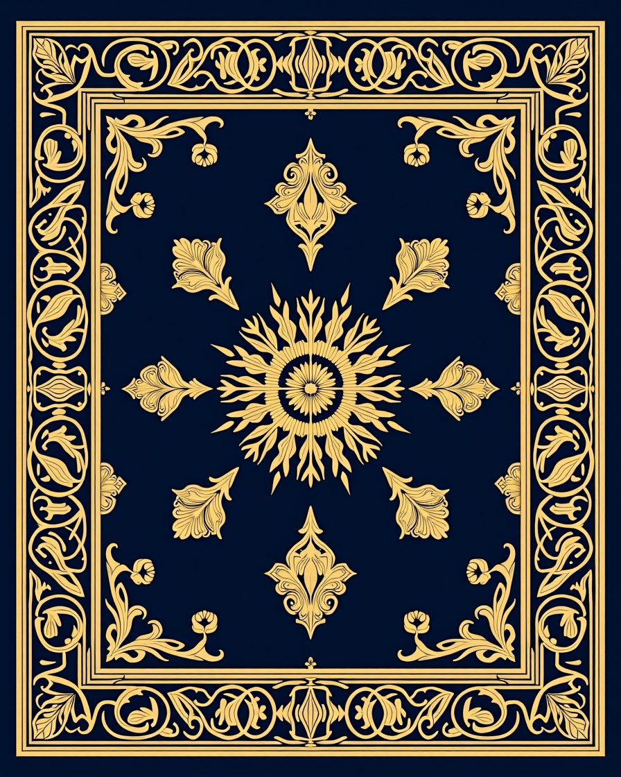 Elegant Gold Floral Dark Blue Rug
