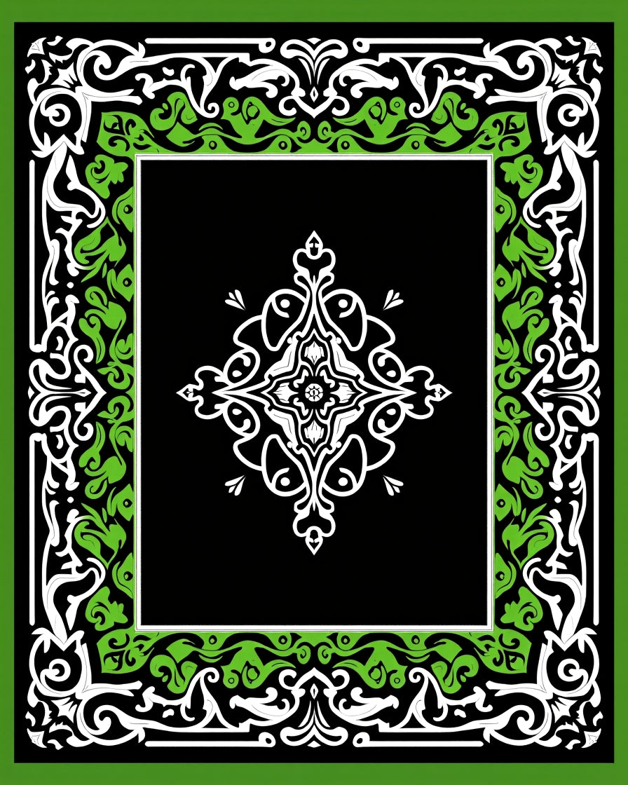 Black Green White Intricate Floral Pattern Rug